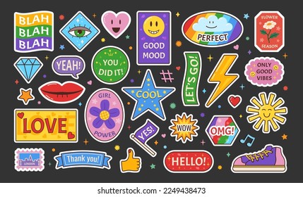 Cool doodle stickers, trendy badge collection. Cartoon patch, modern face, funny positive phrases, heart and smile, stamp cards. Trendy 70s labels. Retro emoji vector abstract utter illustration