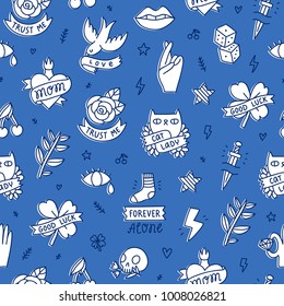 Cool doodle tattoo seamless pattern. Cat Lady.