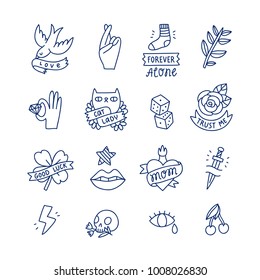 Cool Doodle Tattoo Set, Isolated Vector Illustrations