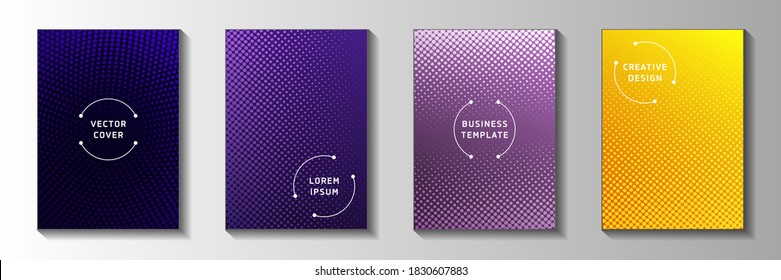 Cool dot faded screen tone front page templates vector batch. Medical flyer perforated screen tone backgrounds. Vintage manga comics style title page leaflets. Gradient design.