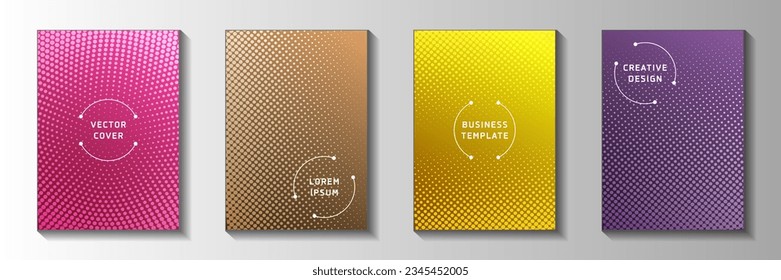 Cool dot perforated halftone front page templates vector set. Urban poster faded halftone patterns. Retro cartoon comics style cover page layouts. Rectangle albums.