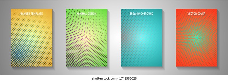Cool dot perforated halftone title page templates vector kit. Geometric catalog faded halftone backdrops. Vintage cartoon comics style cover page layouts. Rectangle folders.