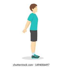 Cool down after workout exercise. Stretching pose for chest. Improving muscles flexibility. Physical movements. Isolated vector illustration in cartoon style