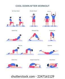 Cool down after workout exercise set. Male character doing stretching exercises. Improving muscles flexibility. Physical training program. Flat vector illustration