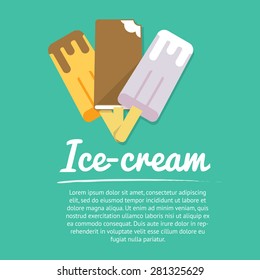 Cool down – summer mood! Collection of three ice-creams in chocolate, vector images. Flat layered modern vector illustration and design element. Refreshing in summer time