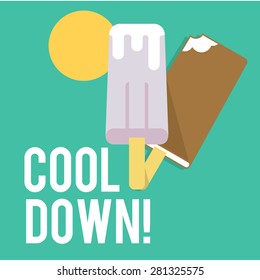 Cool down – summer mood! Two ice-creams in chocolate, vector images. Flat layered modern vector illustration and design element. Refreshing in summer time