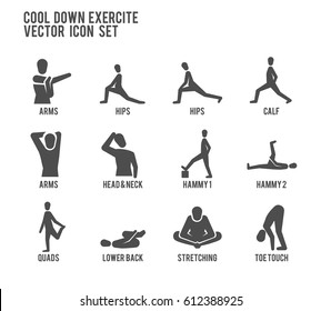 Cool Down Warm Up Exercise Stretching Workout Fitness Vector Icon Set. Included The Icons As Stretching, Toe Touch, Quads, Hammy, Calf, Arms And More.