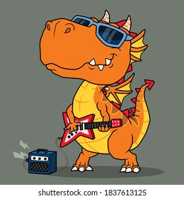 Cool Dragon Playing Guitar. Hand Drawn.