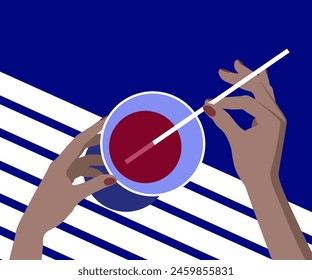 A cool drink by the sea or in the pool in the hands of a woman. Relax on the terrace by the sea. Minimalistic and flat color drawing. Vector illustration