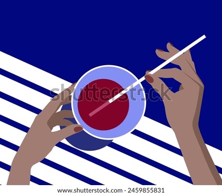 A cool drink by the sea or in the pool in the hands of a woman. Relax on the terrace by the sea. Minimalistic and flat color drawing. Vector illustration