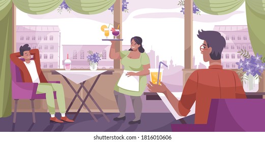 Cool drink cafe flat composition with cafe interior design and waiter brings a drink to visitor vector illustration
