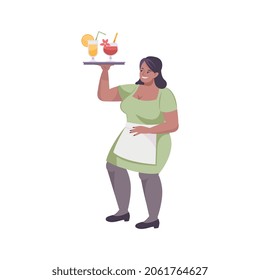 Beber fresco composición plana con el carácter femenino del camarero llevando cócteles fríos ilustración vectorial
