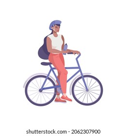 Cool drink flat composition with female character of bicycle rider holding bottle of water vector illustration