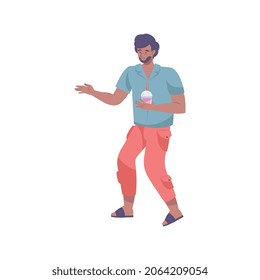 Cool drink flat composition with male character holding cocktail to go vector illustration