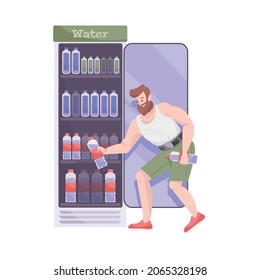 Cool drink flat composition with man taking bottle of water from refrigerating cabinet vector illustration
