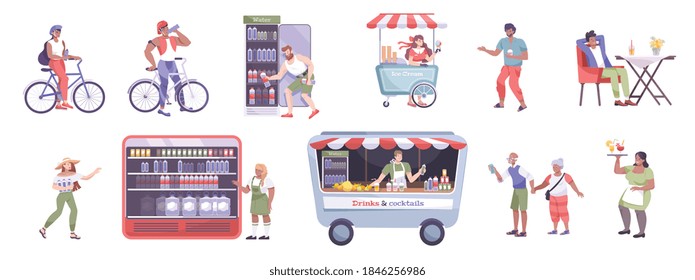Cool drink  flat icon set with food and ice cream trucks cafe refrigerator with water vector illustration