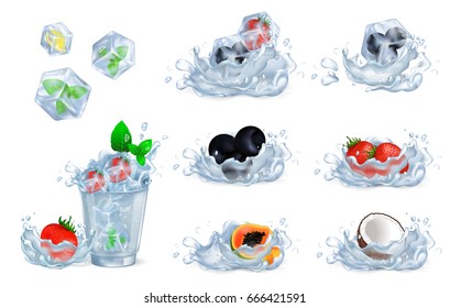 Cool drink with ice, fresh mint and sweet strawberries vector illustration. Half of coconut, tropical papaya and forest blueberries drop in water.
