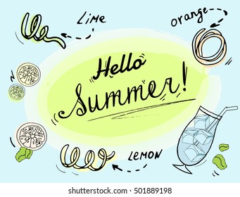 cool drink with lemon, lime and orange peels sketch lettering. Healthy lifestyle, vegetarian food, hello summer concept. Detox