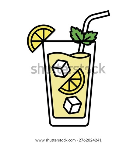 Cool drink with lemon slice, ice cubes and mint leaves in a tall glass