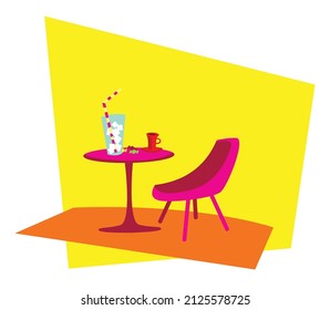 A cool drink on a hot day in a small street cafe. Table. Chair. Cocktail with ice. Vector image for prints, poster and illustrations.