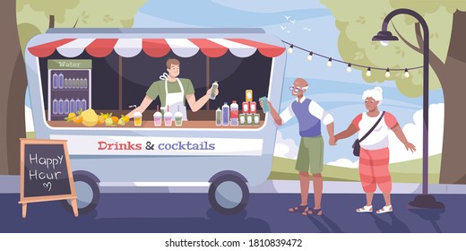 Cool drink street flat concept with old couple buy a bottle of water in food truck vector illustration