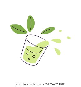 Cool drink in transparent glass. Refreshments with fresh mint leaves. Green sparkling beverage with splashes. Lemonade for quenching thirst. Flat isolated vector illustration on white background