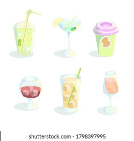 Cool drinks people usually buy on vocation. Mojito, martini, coffee, vine, cognac, champagne. Can be a logo, advertisment, menu or used for casual games.