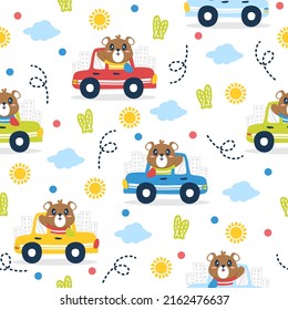 Cool driver bear cartoon trendy pattern design concepts