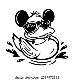 Cool duck with ears, blue sunglasses, and playful splashes. Fun cartoon vector illustration, perfect for stickers, clipart, logos, and prints