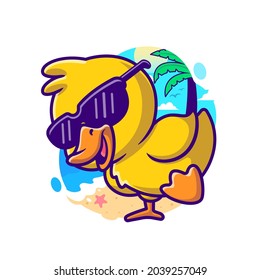 Cool Duck Summer Cartoon Vector Icon Illustration. Animal Holiday Icon Concept Isolated Premium Vector. Flat Cartoon Style