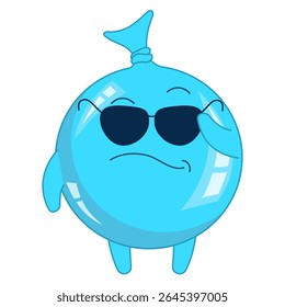 Um balão azul legal com óculos escuros. Caractere. Ilustração vetorial de desenhos animados para entretenimento infantil, livro, adesivo.