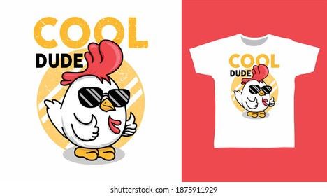 Cool dude chicken with glasses cartoon illustration flat t-sirt design