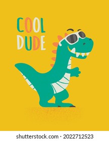 Cool Dude Dinosaur Tirannosaur Three Rex. Cartoon Tirex. Card for a Child. Vector Cute and Funny Cartoon Hand Drawn Dinosaur with Sunglassess, Children s Illustration, Print for Kids