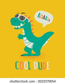 Cool Dude Dinosaur Tirannosaur Three Rex. Caricatura de Tirex. Tarjeta para un niño. Dinosaurios dibujados con Sunglassessment, Ilustración infantil, impresión para niños