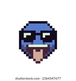 Cool dude in eyeglasses smile, blue funny face shows tongue, pixel art icon, cartoon character, language emotion. Flat style. 8-bit style. Isolated abstract vector illustration.