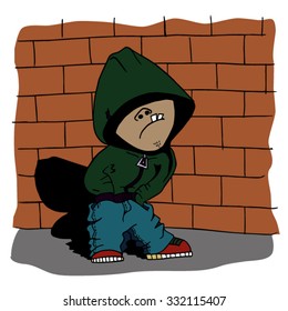 Cool dude in the hood stands near the brick wall. Vector illustration with hip hop man. 