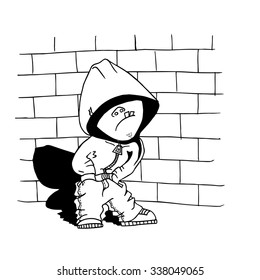 Cool dude in the hood stands near the brick wall. Vector illustration with hip hop man. 