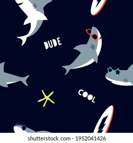 Cool dude shark seamless pattern.Shark character design. Fun t-shirt print.