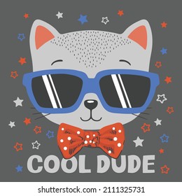 Cool Dude slogan text with cat boy face on dark background. Cartoon illustration for t-shirt graphics, fashion prints and other uses