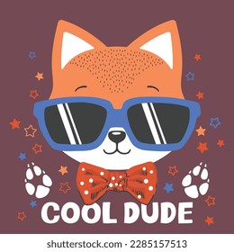 Cool Dude slogan text with fox boy face on dark background. Cartoon illustration for t-shirt graphics, fashion prints and other uses