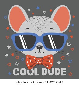 Cool Dude slogan text with mouse boy face on dark background for t-shirt graphics, fashion prints and other uses