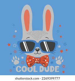 Cool Dude slogan text with rabbit boy face on dark background. Cartoon illustration for t-shirt graphics, fashion prints and other uses