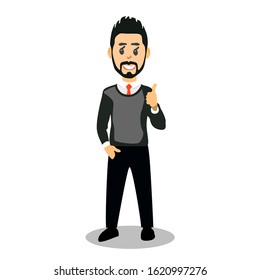 Cool dude is standing on a white background. Young man in a business style with a tie. Happy man showing thumbs up. Vector illustration of a businessman with a beard and mustache.