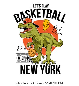 Cool dude T-REX Tyrannosaurus Rex dino dinosaur with ball playing in basketball. Cartoon character illustration vector Isolated white background for print design t shirt tee clothes sticker poster.