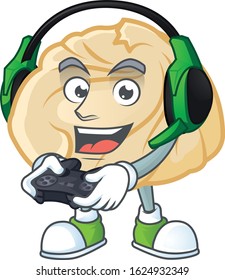 Cool dumpling cartoon mascot with headphone and controller