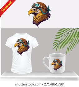 Diseño fresco del Vector del casco del aviador del águila que lleva para la camiseta y la maqueta de la taza. Gráfico de mascota para ropa, Mercancía y tema militar o volador. Aislado.