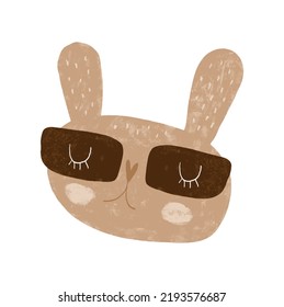 Cool Easter Bunny. Hand Drawn Print with Cute Brown Rabbit in Glasses on a White Background. Lovely Vector Art with Funny Bunny with Heart Shaped Nose. Crayon Drawing Style Nursery Art ideal for Card.