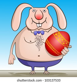 Cool Easter Bunny Vector illustration of the Easter hare. Easter bunny with colored egg. Postcard Easter.