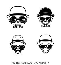 A cool and edgy collection of cute skull characters sporting stylish sunglasses in various poses and expressions. Hand drawn with love