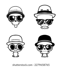 A cool and edgy collection of cute skull characters sporting stylish sunglasses in various poses and expressions. Hand drawn with love